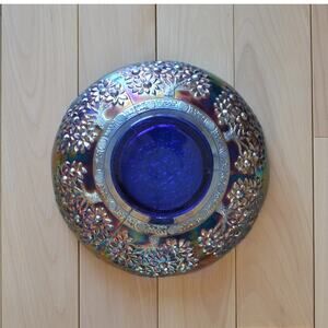 Antique Fenton Beautiful Footed Blue Carnival Glass Trees Saw Tooth